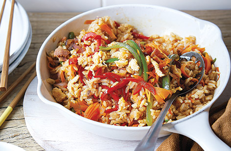 Cook up this bacon and egg fried rice for a quick and easy family dinner
