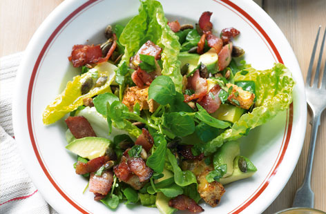 Bacon and avocado are one of the best double acts in food and they're combined beautifully in this salad. Parmesan croutons add crunch (an excellent way of using up ciabatta bread, too) and are so much easier to make than you might think.