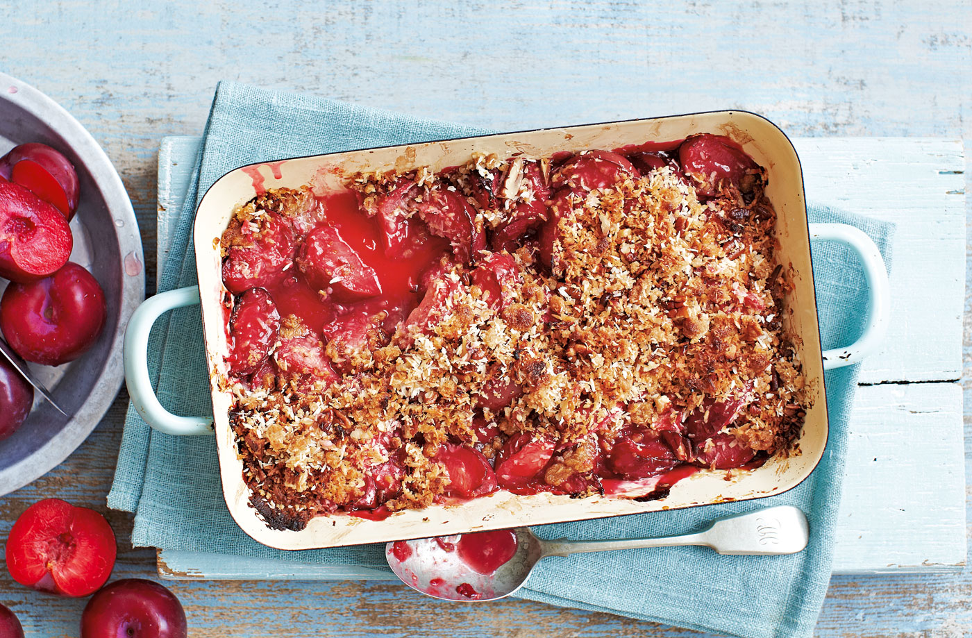 Baked plum and coconut crisp recipe