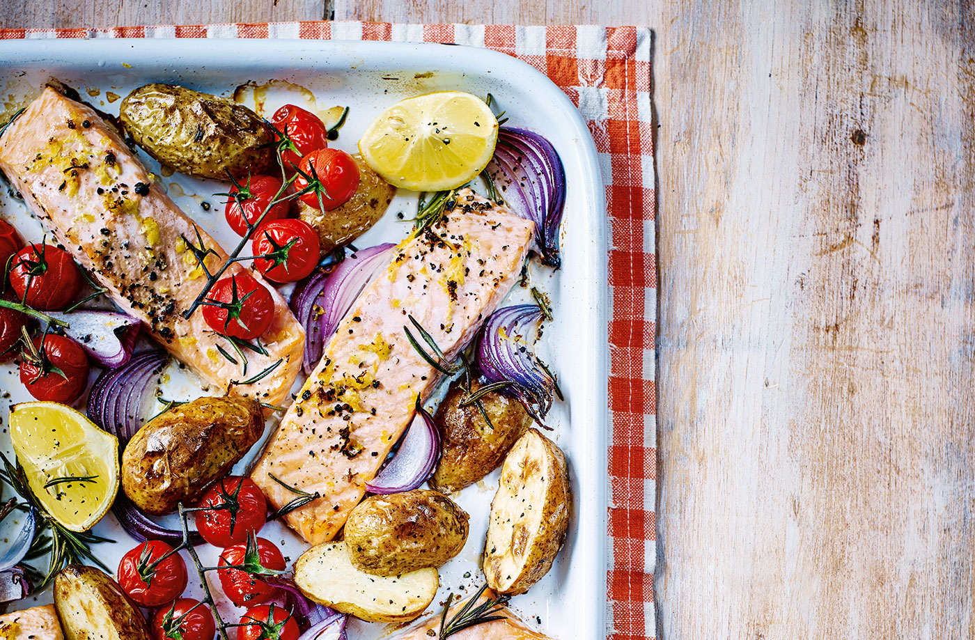 Baked salmon with roast Jersey Royals recipe