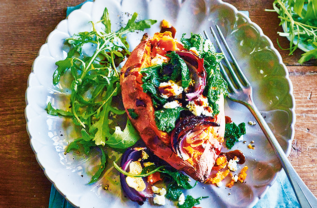 Friday: Baked sweet potatoes with kale, feta and onion