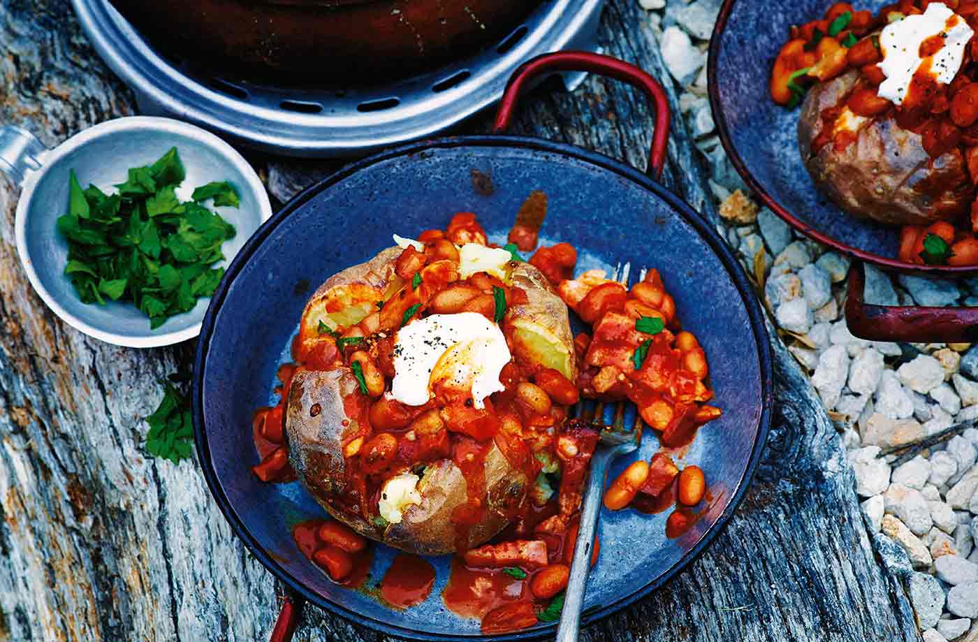 Smoky baked beans with jacket potatoes recipe