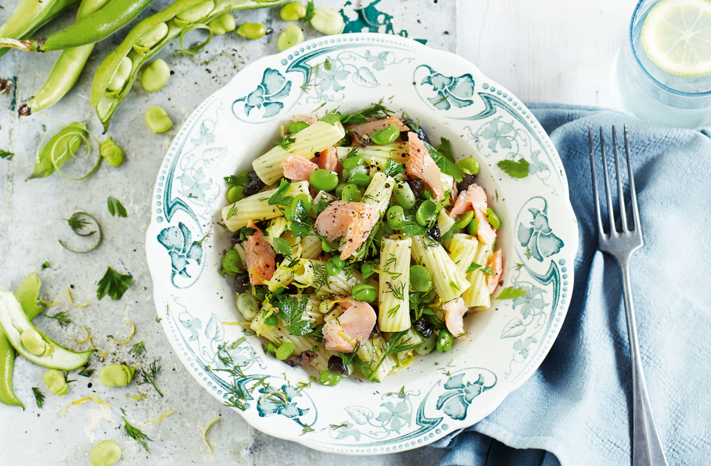 Broad bean pasta with smoked rainbow trout and dill recipe