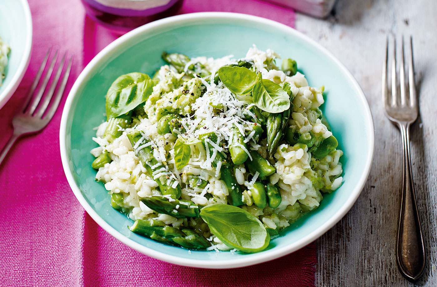 Broad bean risotto with asparagus pesto recipe
