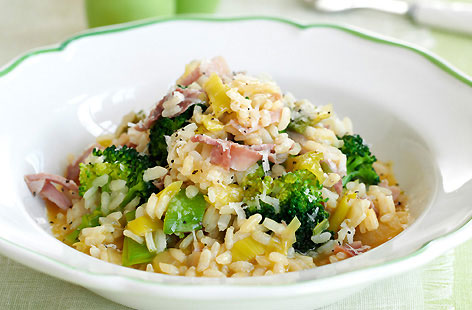 Make your classic risotto of onion, garlic, stock, rice and Parmesan even tastier with the addition of broccoli and strips of ham. Adding thyme adds a subtle, earthy, fragant hit, too.
