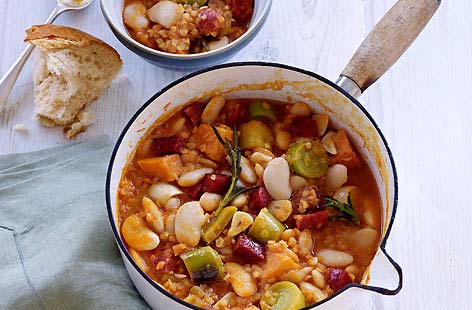 Creamy butter beans and lentils really suit the heat and spice of chorizo, and this easy stew is full of vitamin-packed veg too - leave out the chorizo for a hearty vegetarian main. All it needs is a hunk of warm crusty bread to soak up those tasty juices.