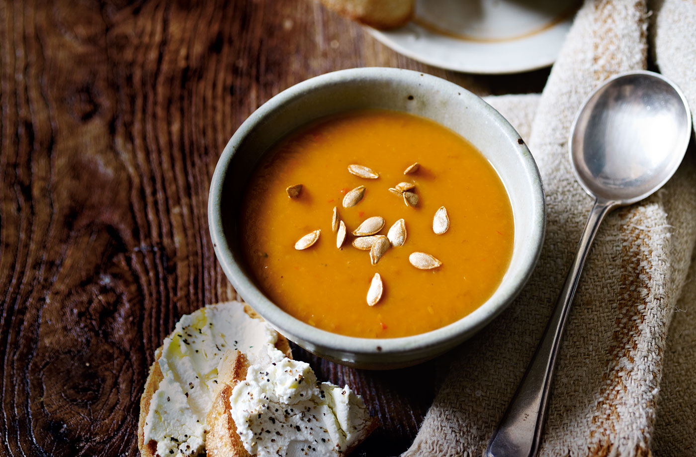 Butternut, chilli and cumin soup with goat's cheese toasts recipe