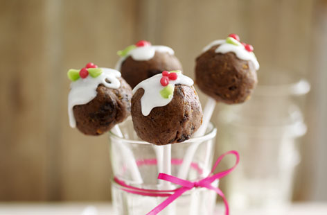 This is a really fun (and tasty) way to use up Christmas cake or fruit cake, and it's a lovely one to make with the kids. Use marzipan and food colouring to make the suitably seasonal topping and serve popped on to wooden or plastic sticks.