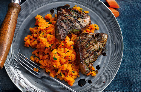 This carrot and tarragon mash has a vibrant colour and flavour, complementing the lamb chops to update a British classicThis carrot and tarragon mash has a vibrant colour and flavour, which complements classic lamb chops perfectly
