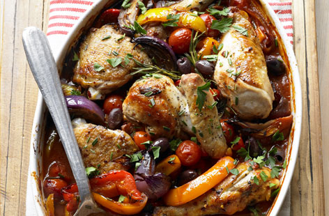 The whole family will love this Italian-influenced chicken dish. The sweetness of the cherry tomatoes, peppers and red onions balances beautifully with the tangy olives and aromatic rosemary. Add some chilli flakes for a bit of a kick.