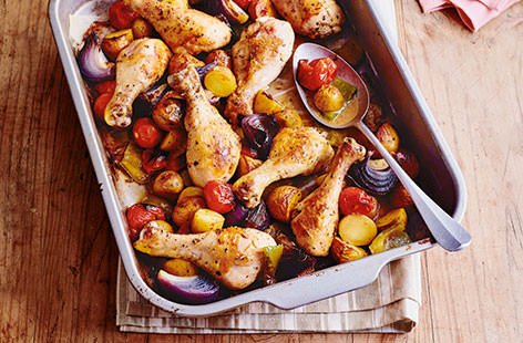This one-tray supper couldn't be easier or tastier! With succulent chicken drumsticks, sweet roasted peppers and cherry tomatoes and crisp baby potatoes, this easy chicken recipe gives a dish that's vibrant, hearty and sure to please