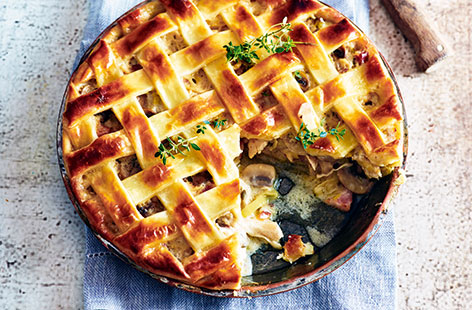 For an exciting family dinner try this rustic chicken pie. Shredded chicken pairs perfectly with salty pancetta, succulent mushrooms and crème fraîche for a delicious dish
