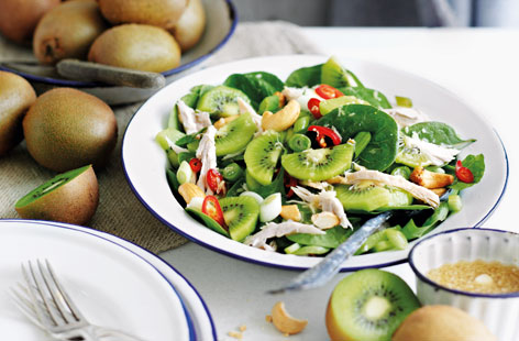 Enjoy the tangy, sweetness of kiwi fuit in this mouthwatering chicken salad, topped with a lime and ginger dressing. 