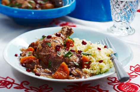 Quick, healthy and hearty, this tagine is a heavenly blend of aromatic spices, fall-off-the-bone chicken and sweet fruit. Pomegranate juice adds even more depth of flavour; scatter some pomegranate seeds for a lovely crunch and a vibrant touch.