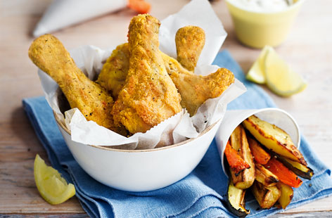 A lighter version of this family favourite - the polenta-based crumb gives the chicken drumsticks a crispy skin. They are perfect when paired with roasted vegetable chips and a yogurt dip