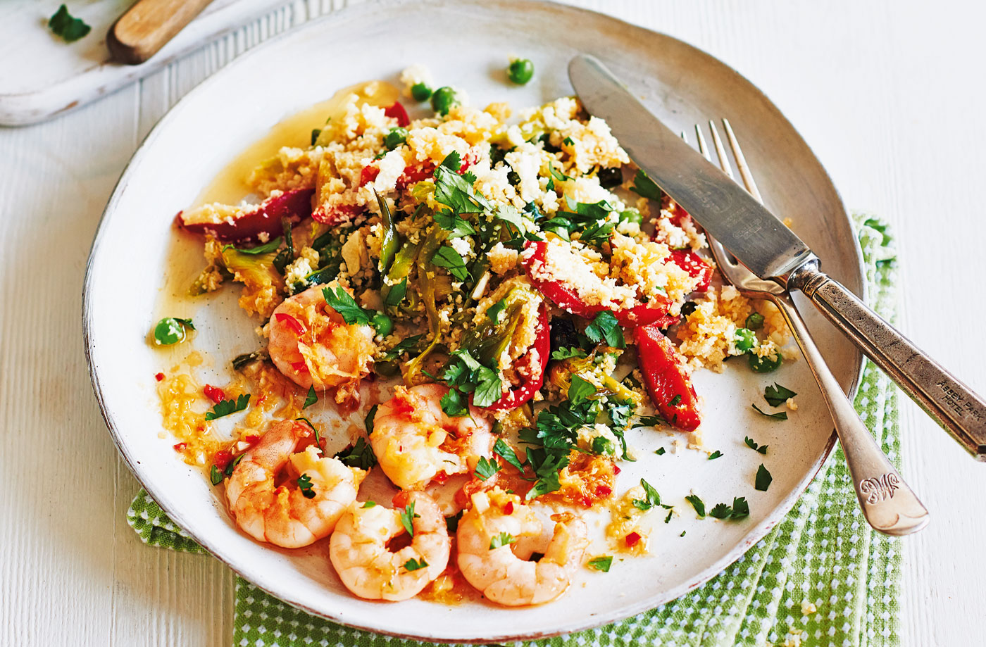Garlic and chilli prawns with cauliflower rice recipe