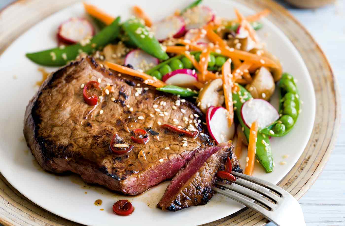 Lime, soy and sesame steak with mushrooms and sugarsnap peas recipe