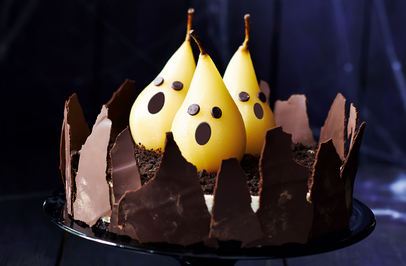 Rich chocolate cheesecake with ghostly pears recipe