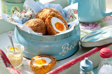 Scotch eggs are surely the best pub snack around. Recreate them with this twist on this British classic at home with spicy chorizo, sausage and breadcrumbs.