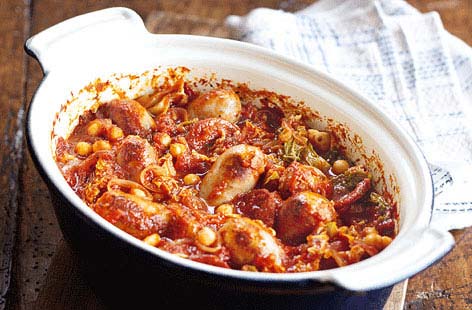 Five minutes to prepare and 30 minutes to cook' is the winning sentence in this quick recipe for chorizo cabbage and chickpea stew. Wine, sausage and chorizo give this warming dish a hearty, wintery feel but of course, it works any time of year.