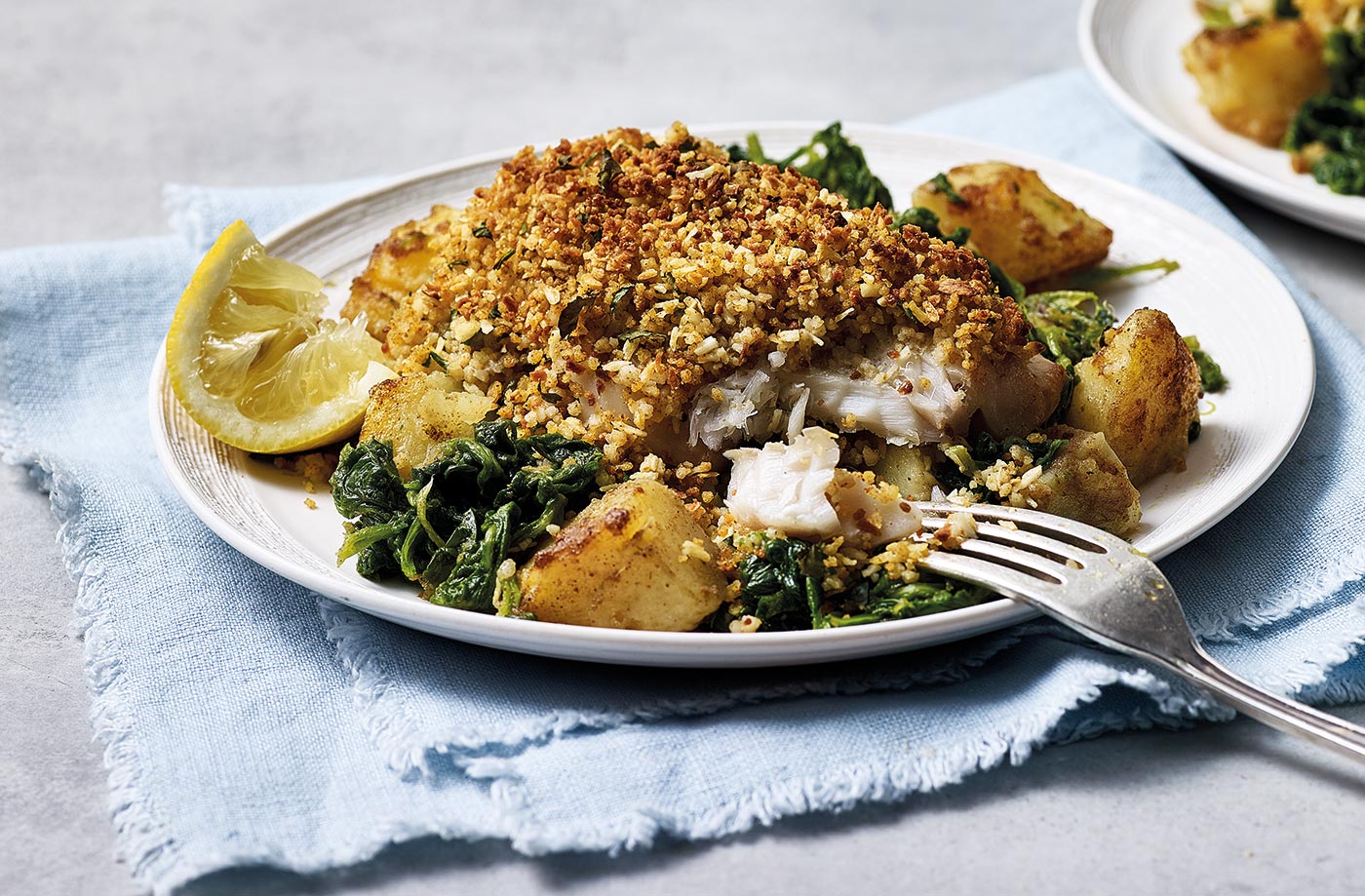 Coconut-crusted fish with saag aloo recipe