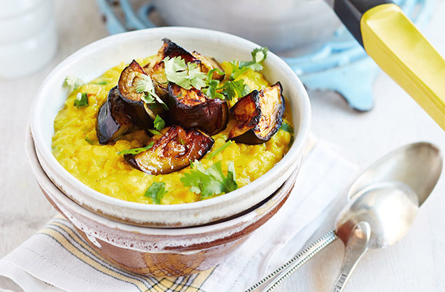 Monday: Coconut dhal with roasted aubergines