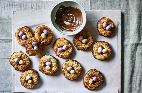 These coconut macaroon nests are a lovely combination of mini eggs, condensed milk and desiccated coconut