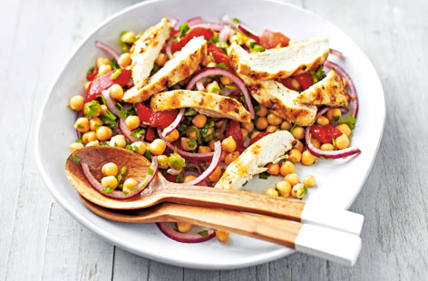 Lime and coriander give a zesty kick to the chicken in this vibrant chickpea salad