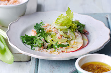 Make a tin of crab go further with this beautiful summery starter or main course: sweet-tasting white or brown crabmeat with finely sliced apple, crunchy celery, rocket and a honey, red wine and shallot dressing.