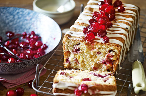 This fruity loaf is packed with Christmassy cranberries, cubes of marzipan and topped with orange-flavoured icing