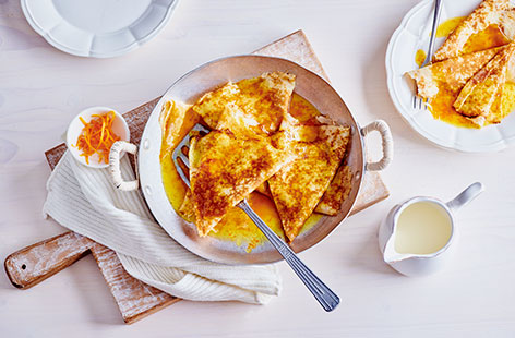 For a scrumptious Pancake Day treat try this traditional French dessert of luxurious vanilla crêpes cooked in a caramelised orange and Grand Marnier sauce and flambéed for extra showstopping flavour