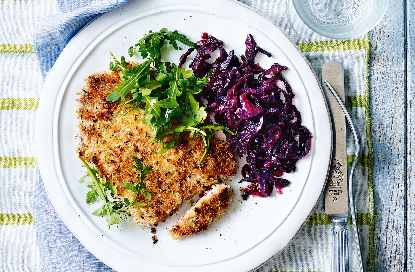 Crumbed pork chops with braised red cabbage recipe