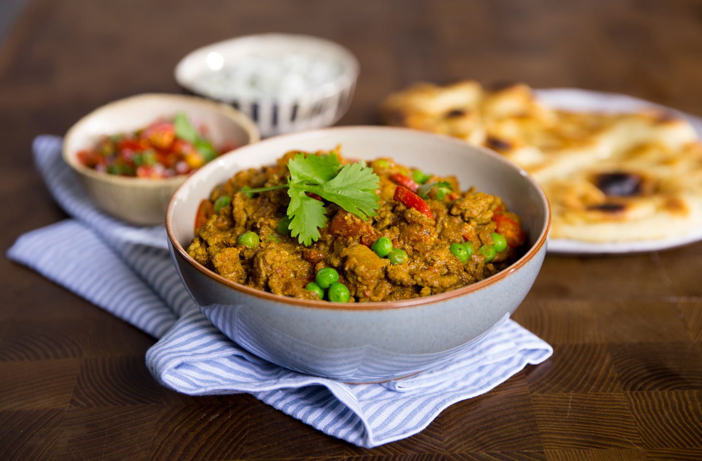 Beef keema with tomato chutney and raita recipe