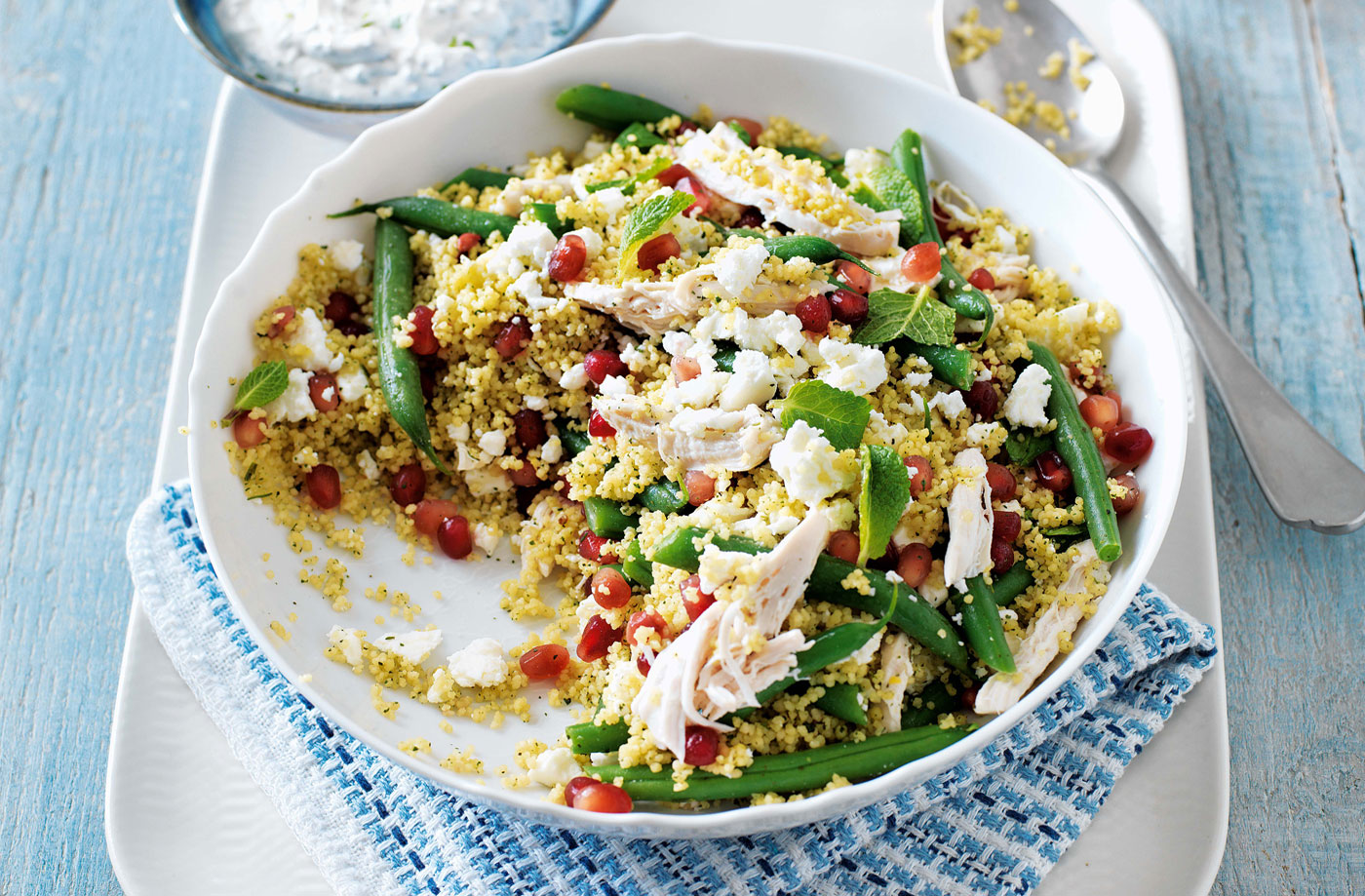 Chicken, feta and pomegranate salad with mint yogurt recipe