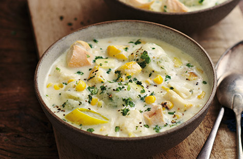 This winter warmer of a dish uses frozen fish pie mix and tinned sweetcorn to make the chowder and instant mashed potato for the herby dumplings – saving you time, but without compromising on great taste.