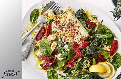 Try this new pasta dish for an easy meal ready in 40 minutes. Creamy roasted feta is the perfect topping for herby orzo, crisp chunks of chorizo and perfectly charred broccoli.