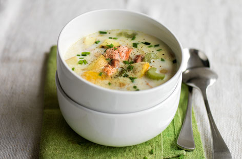 A soup that's full of luxury flavours and one that can be on your table just half an hour after you start making it. The smoky pancetta complements the mix of white fish, smoked white fish and salmon. Serve with crusty bread for a delicious, hearty lunch.