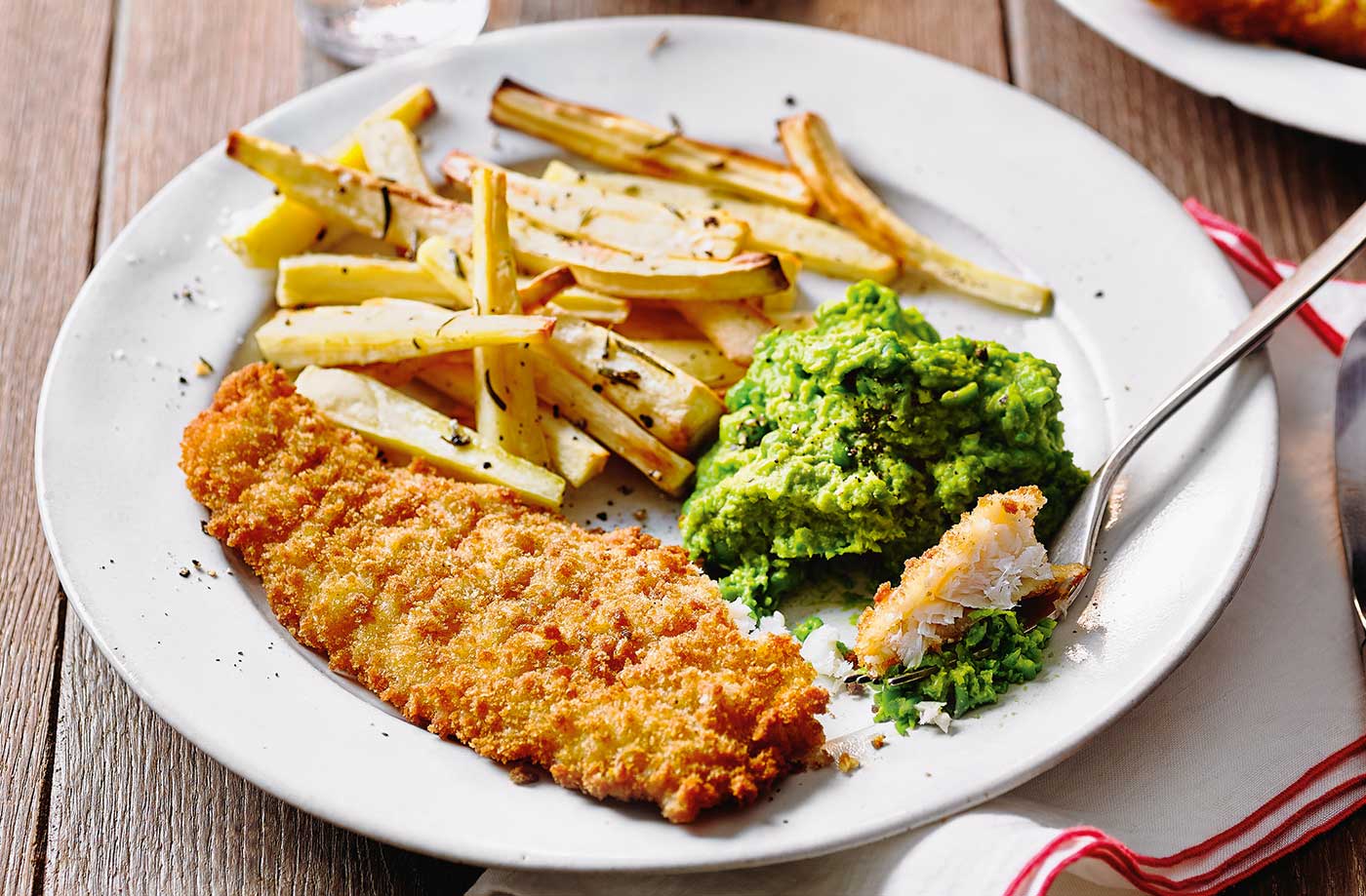 Fish with parsnip chips and cheat's mushy peas recipe