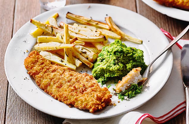 Friday: Fish with parsnip chips and cheat's mushy peas