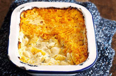 Give your fish pie an update with a delicious sweet potato mash topping. The filling for this modern take on a comfort food classic is made from haddock, delicately poached in creme fraiche, then combined with mustard powder, dill and hard-boiled egg.