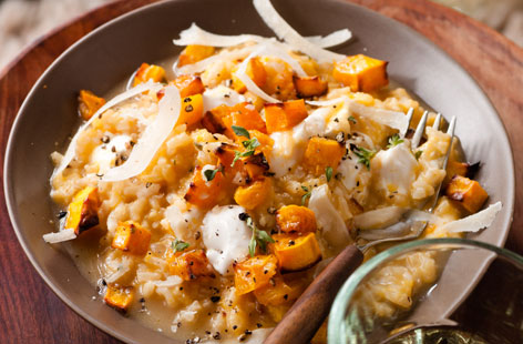 Give risotto an autumnal twist by adding sweet butternut squash and fragrant sage. For this creamy Italian staple, the butternut is stirred in moments before serving, along with some chunks of tangy goat's cheese.