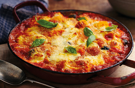 This homemade gnocchi pasta bake uses instant mashed potato for a quick homemade gnocchi