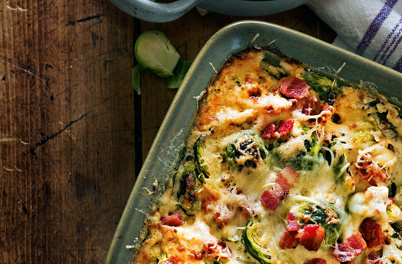 Sprout gratin with mustard and crispy bacon recipe