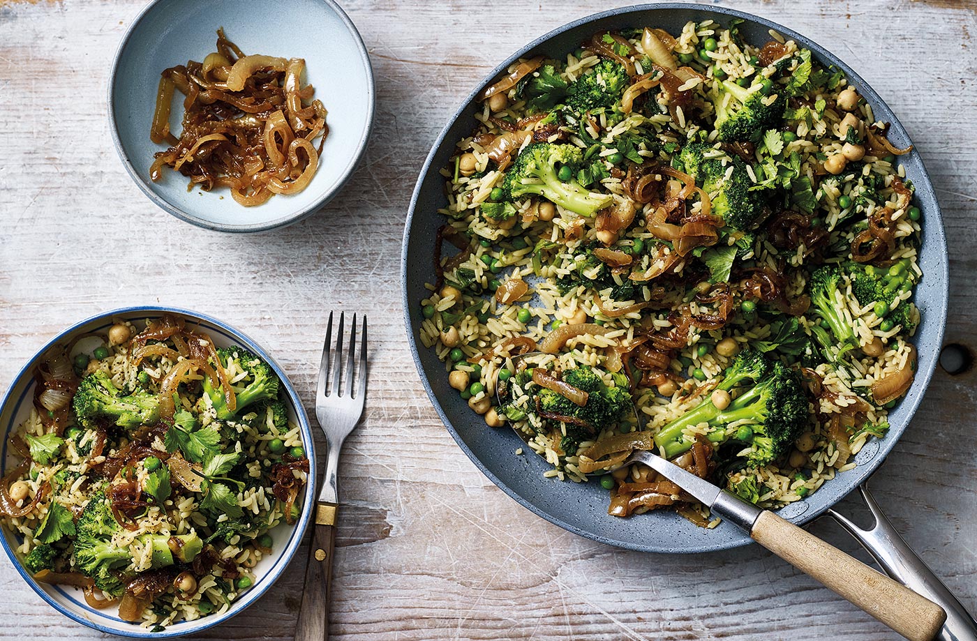 Green biryani with crispy onions  recipe