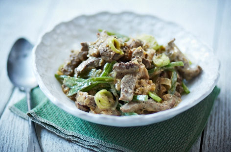 Beef stroganoff with leeks and runner beans recipe