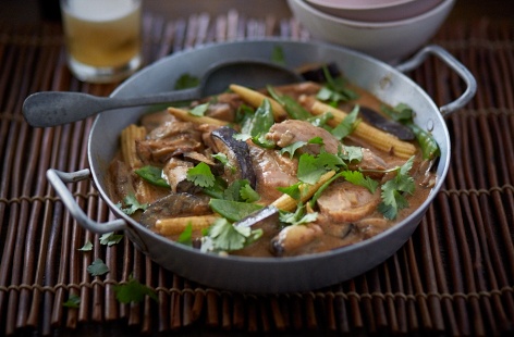 This Thai red curry with duck makes a special friday night dinner for four people. Tender pieces of breast are cooked with coconut milk, aubergine, and Thai red curry paste. Fragrant and aromatic, it is best served with steamed rice and lime wedges.