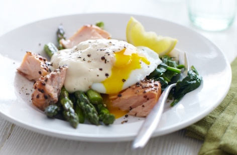 Roasted salmon with panfried asparagus and egg recipe