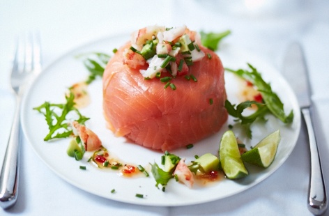 An impressive-looking yet easy dinner party starter for four. The best thing about these no-cook smoked salmon, prawn and avocado parcels is that they can be made in advance, a real gift when entertaining as any host will agree.