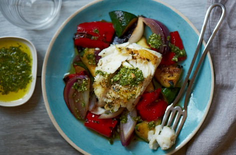 Seared cod with mediterranean vegetables recipe
