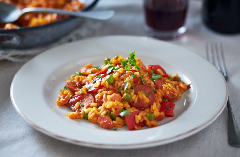 Smoky tomato and sausage Paella recipe
